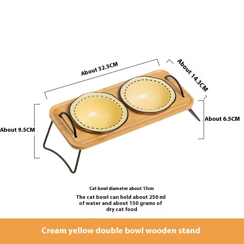 Wooden Rack Ceramic Pet Bowl with Anti-Tip Design