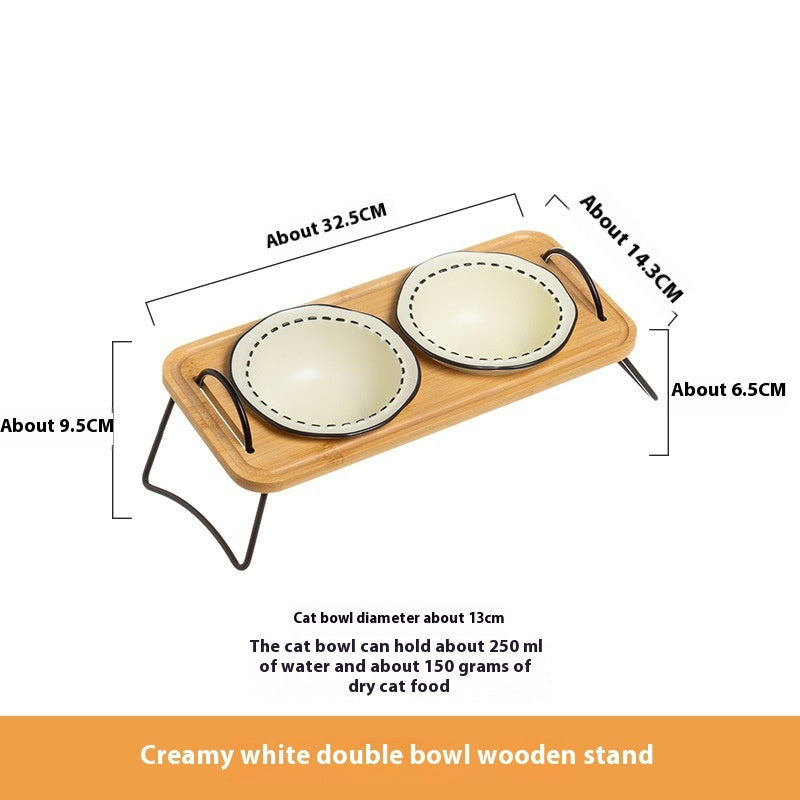 Wooden Rack Ceramic Pet Bowl with Anti-Tip Design
