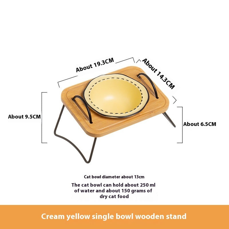 Wooden Rack Ceramic Pet Bowl with Anti-Tip Design