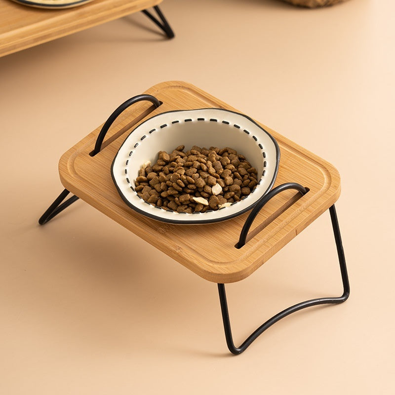 Wooden Rack Ceramic Pet Bowl with Anti-Tip Design