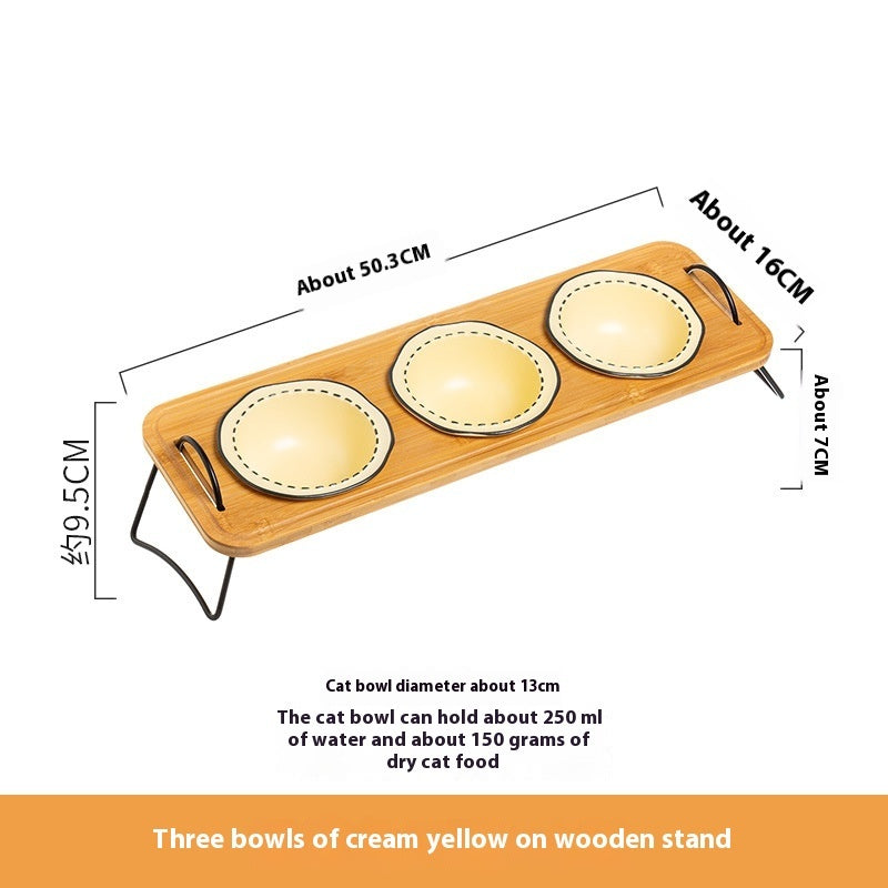 Wooden Rack Ceramic Pet Bowl with Anti-Tip Design