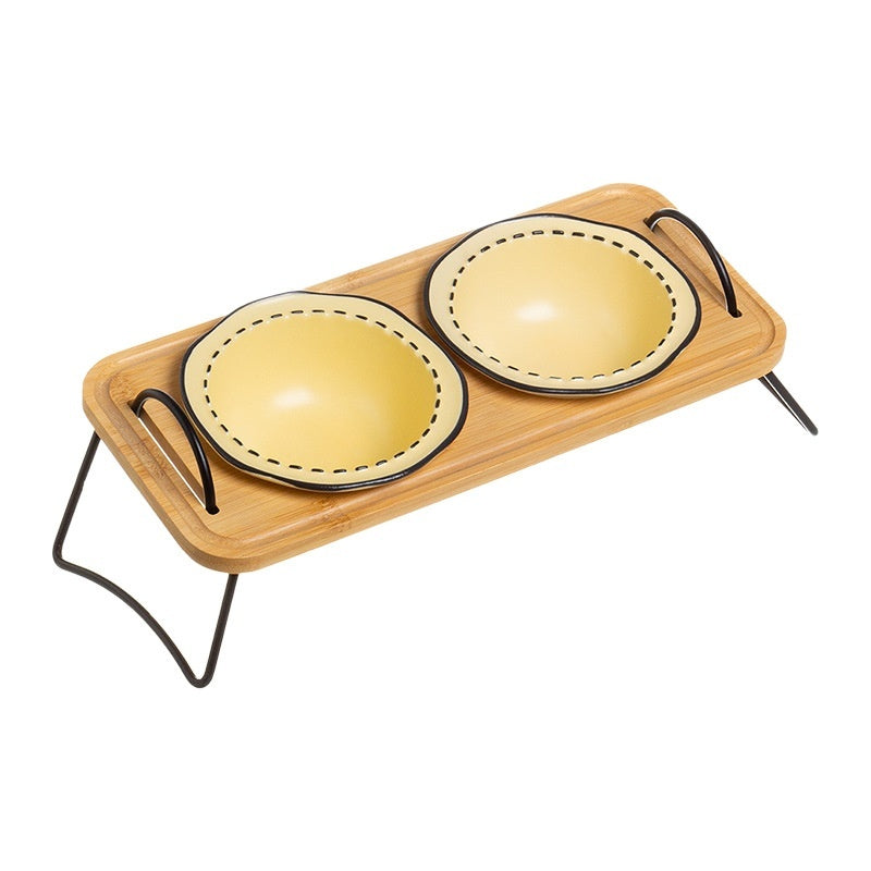 Wooden Rack Ceramic Pet Bowl with Anti-Tip Design