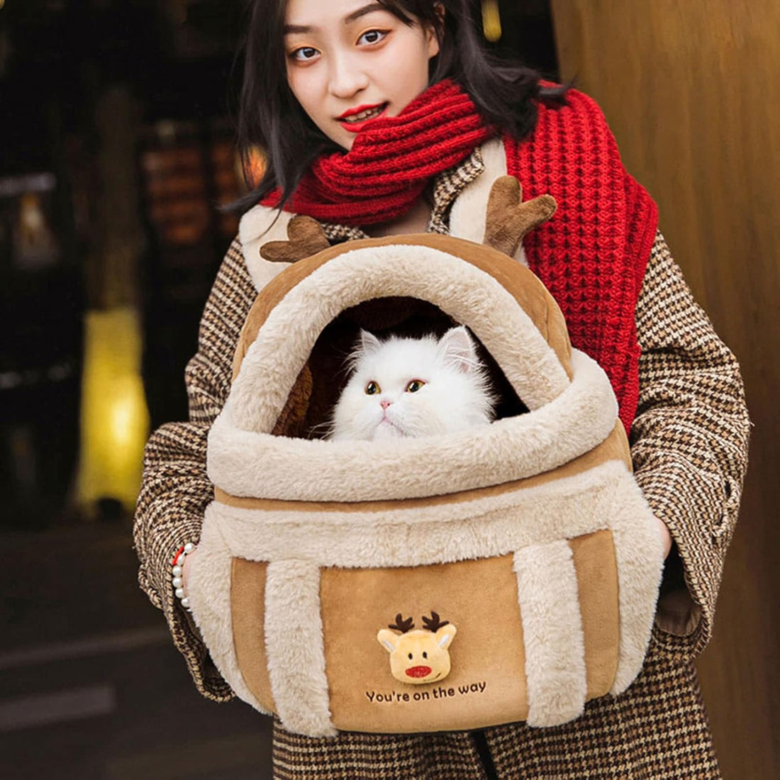 Plush Winter Pet Backpack Carrier with Hand Warmers