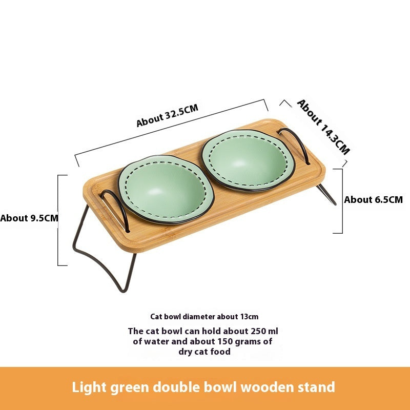 Wooden Rack Ceramic Pet Bowl with Anti-Tip Design